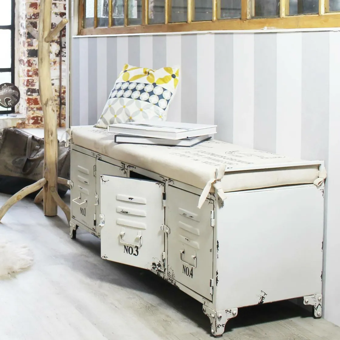 Made in Meubles Banc<Banc avec rangement en métal blanc Félicie