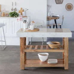 Made in Meubles Ilot Central<Billot en marbre et bois Louca