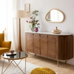 Made in Meubles Buffet<Buffet arrondi en bois de manguier et marbre Sienne