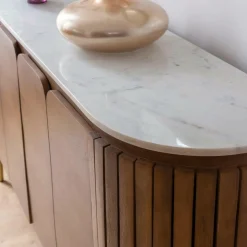 Made in Meubles Buffet<Buffet arrondi en bois de manguier et marbre Sienne