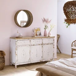 Made in Meubles Buffet<Buffet blanc en pin massif brossé Bastille