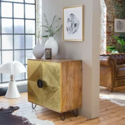 Made in Meubles Buffet<Buffet carré en bois de manguier et feuille de laiton Gisèle