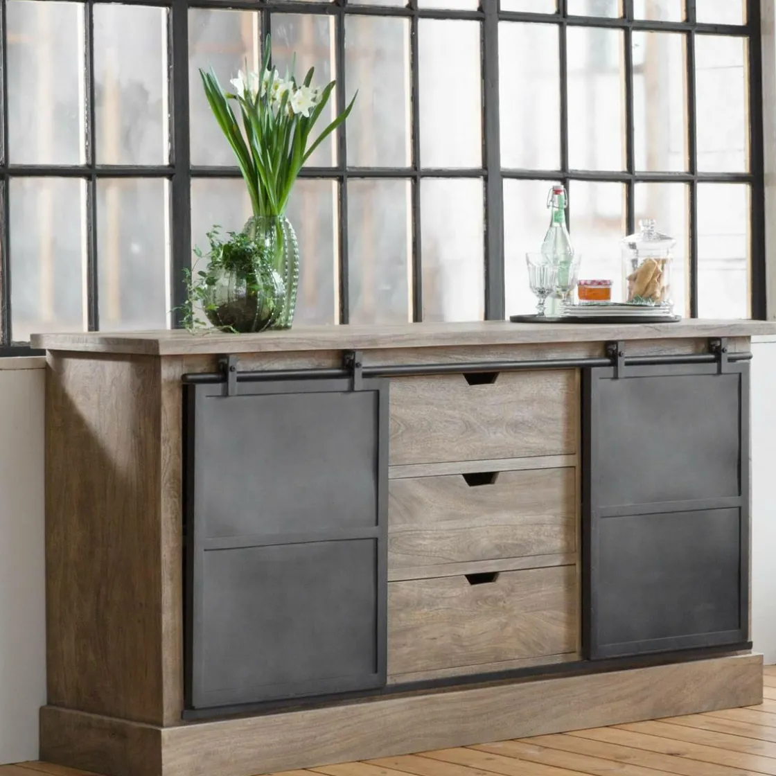Made in Meubles Buffet<Buffet en bois de manguier brossé et métal gris foncé Helsinki