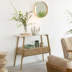 Made in Meubles Table Console<Console en bois de manguier et marbre Hari