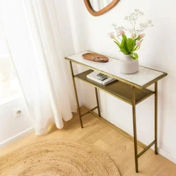 Made in Meubles Table Console<Console en métal doré et marbre Timéo