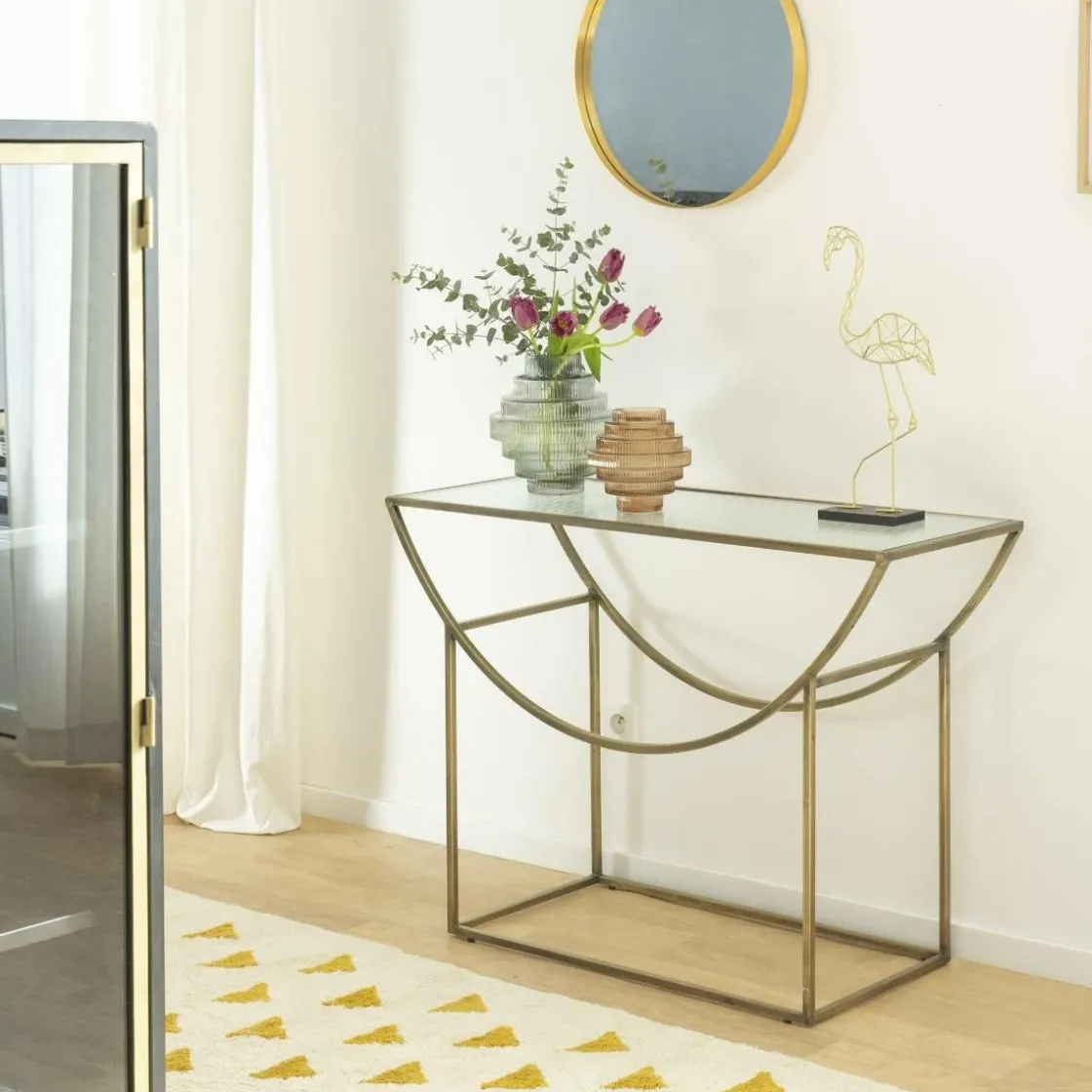 Made in Meubles Table Console<Console en métal doré et verre Léa
