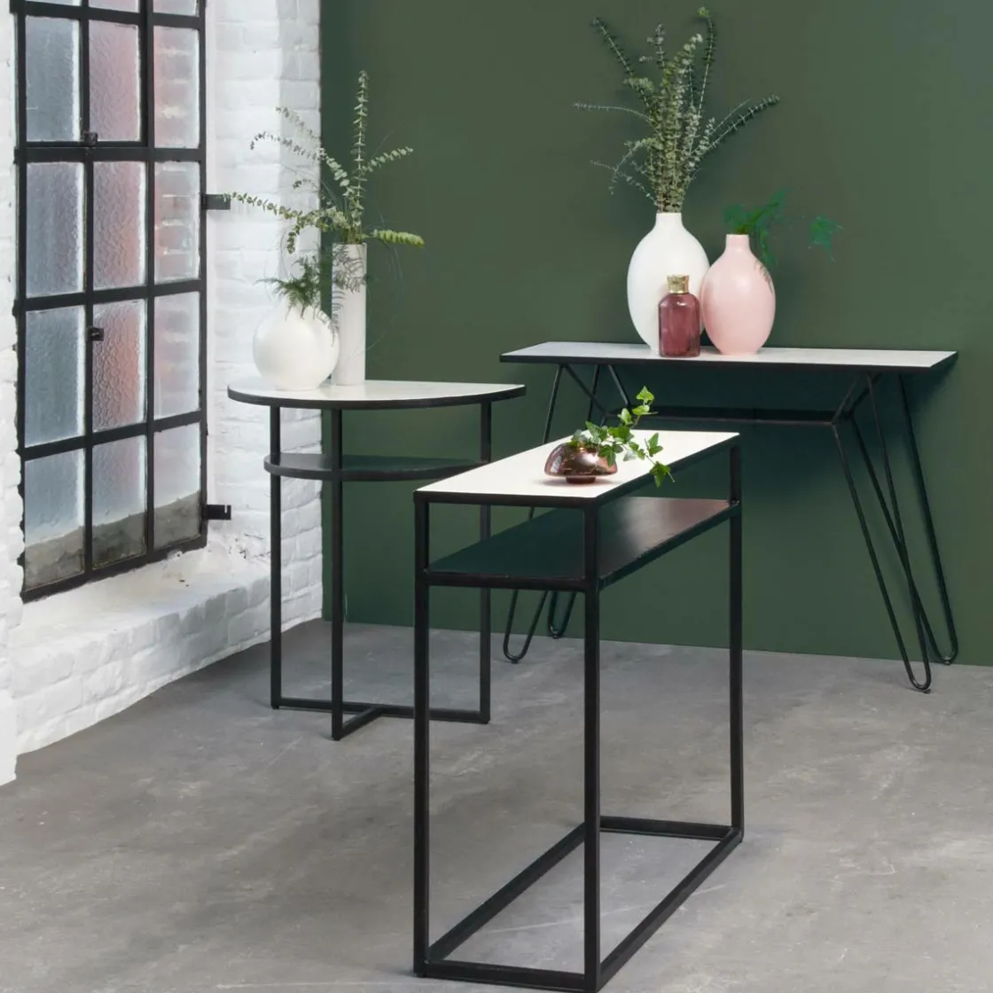 Made in Meubles Table Console<Console pieds compas en marbre blanc et métal Marceau