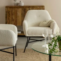 Made in Meubles Fauteuil<Fauteuil blanc en tissu bouclette Amandine