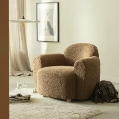 Made in Meubles Fauteuil<Fauteuil club en tissu bouclette marron Tommy