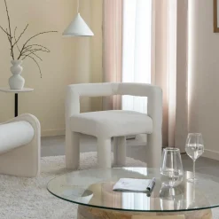Made in Meubles Fauteuil<Fauteuil d'angle en tissu bouclette blanc Nora