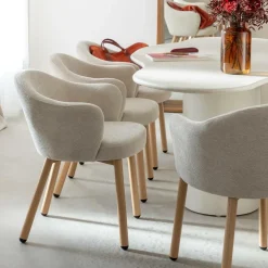 Made in Meubles Fauteuil<Fauteuil en tissu écru et pieds en métal effet bois Mayi