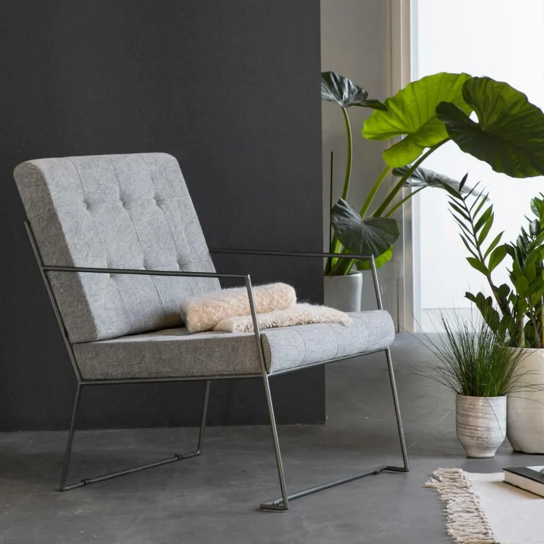 Made in Meubles Fauteuil<Fauteuil lounge en tissu bleu délavé armature métal