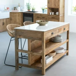 Made in Meubles Meuble Bas|Ilot Central<Ilot central en bois de manguier et marbre blanc Louisa