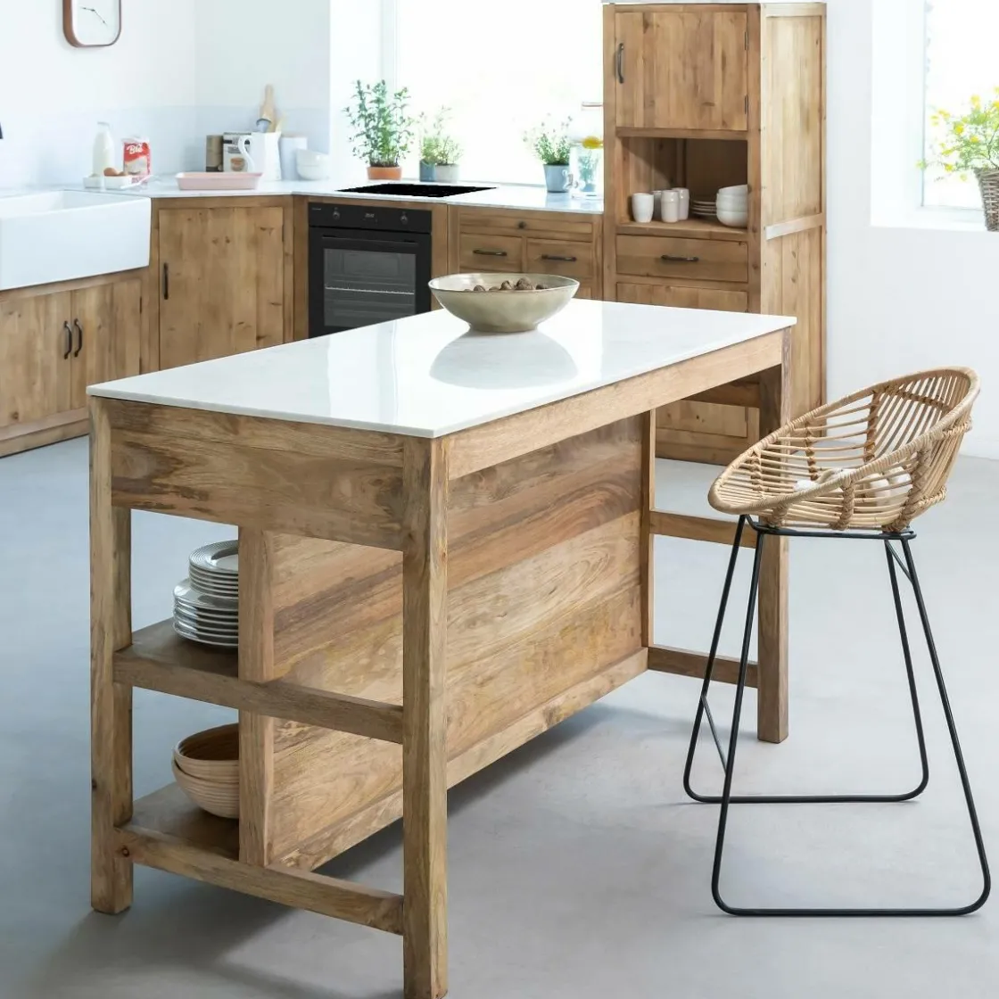 Made in Meubles Meuble Bas|Ilot Central<Ilot central en bois de manguier et marbre blanc Louisa