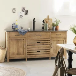 Made in Meubles Meuble Bas<Meuble de cuisine en vieux pin et pierre bleue Champêtre