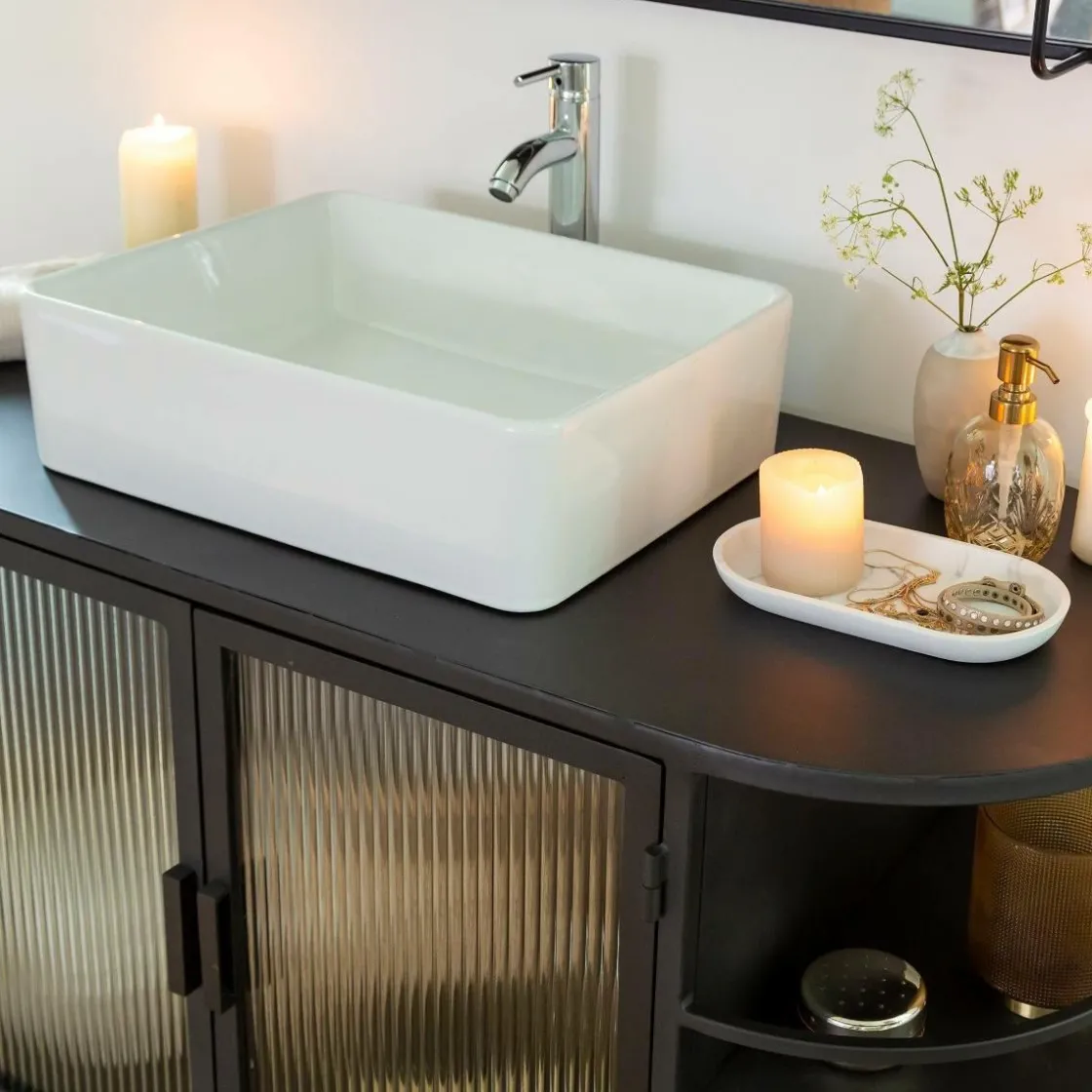 Made in Meubles Meuble Sous Vasque<Meuble sous vasque arrondi en métal et verre strié Elizabeth