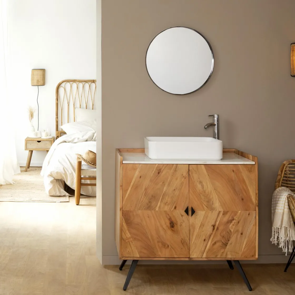 Made in Meubles Meuble Sous Vasque<Meuble sous vasque en bois d'acacia et marbre Aloé
