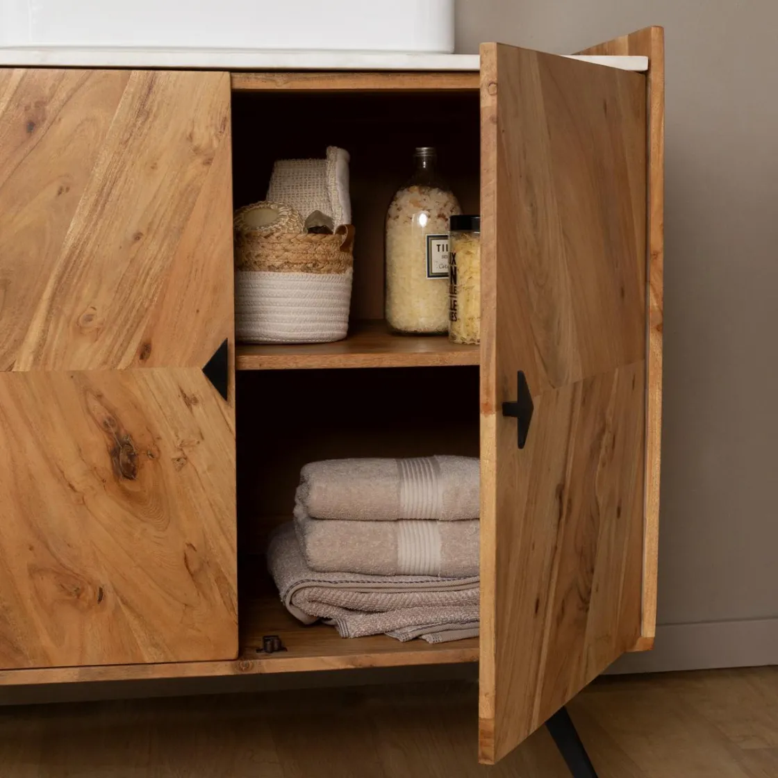 Made in Meubles Meuble Sous Vasque<Meuble sous vasque en bois d'acacia et marbre Aloé