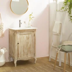 Made in Meubles Meuble Sous Vasque<Meuble sous vasque en pin recyclé blanchi et marbre blanc Gemma