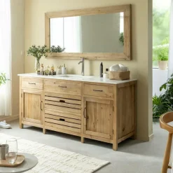 Made in Meubles Meuble Sous Vasque<Meuble sous vasque en vieux pin et marbre blanc Nils