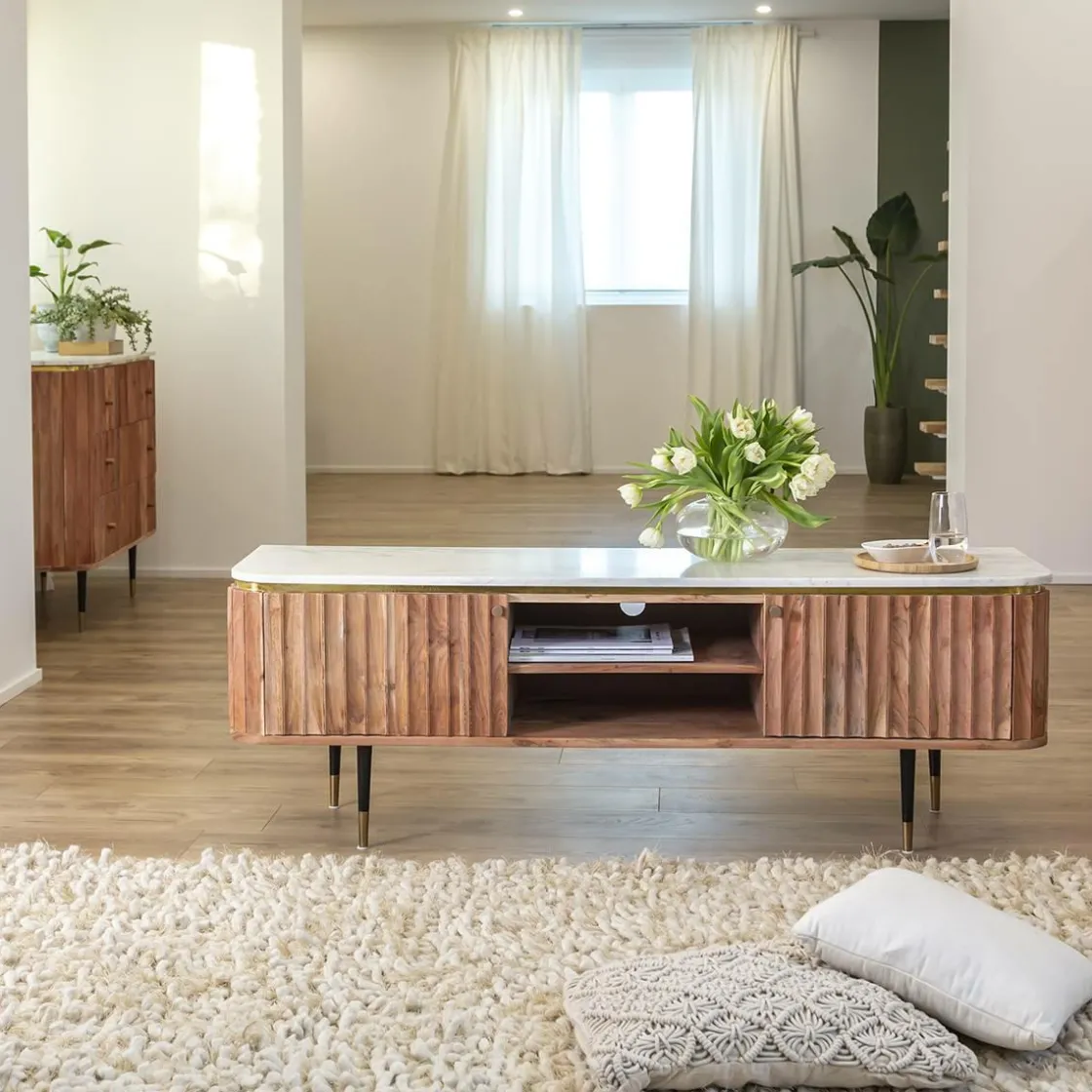 Made in Meubles Meuble Tv<Meuble tv en bois d'acacia et marbre blanc Judith