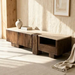 Made in Meubles Meuble Tv<Meuble TV en bois de manguier et en travertin Carola