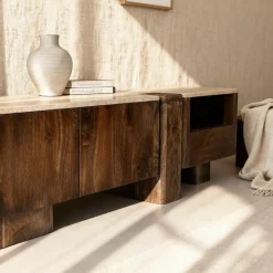 Made in Meubles Meuble Tv<Meuble TV en bois de manguier et en travertin Carola