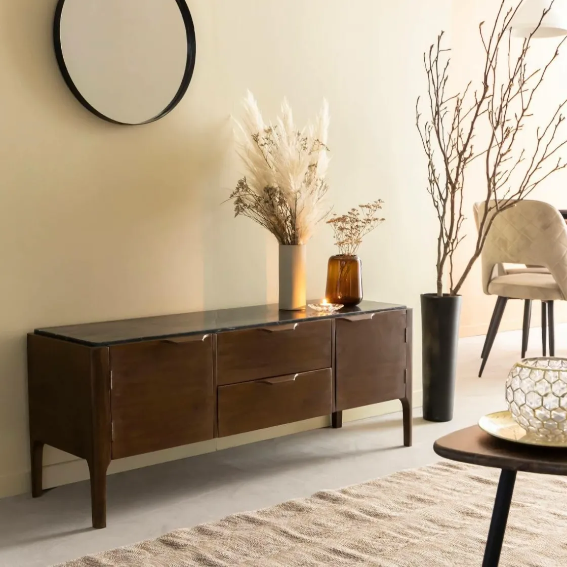 Made in Meubles Meuble Tv<Meuble TV en bois de manguier et marbre noir Roch