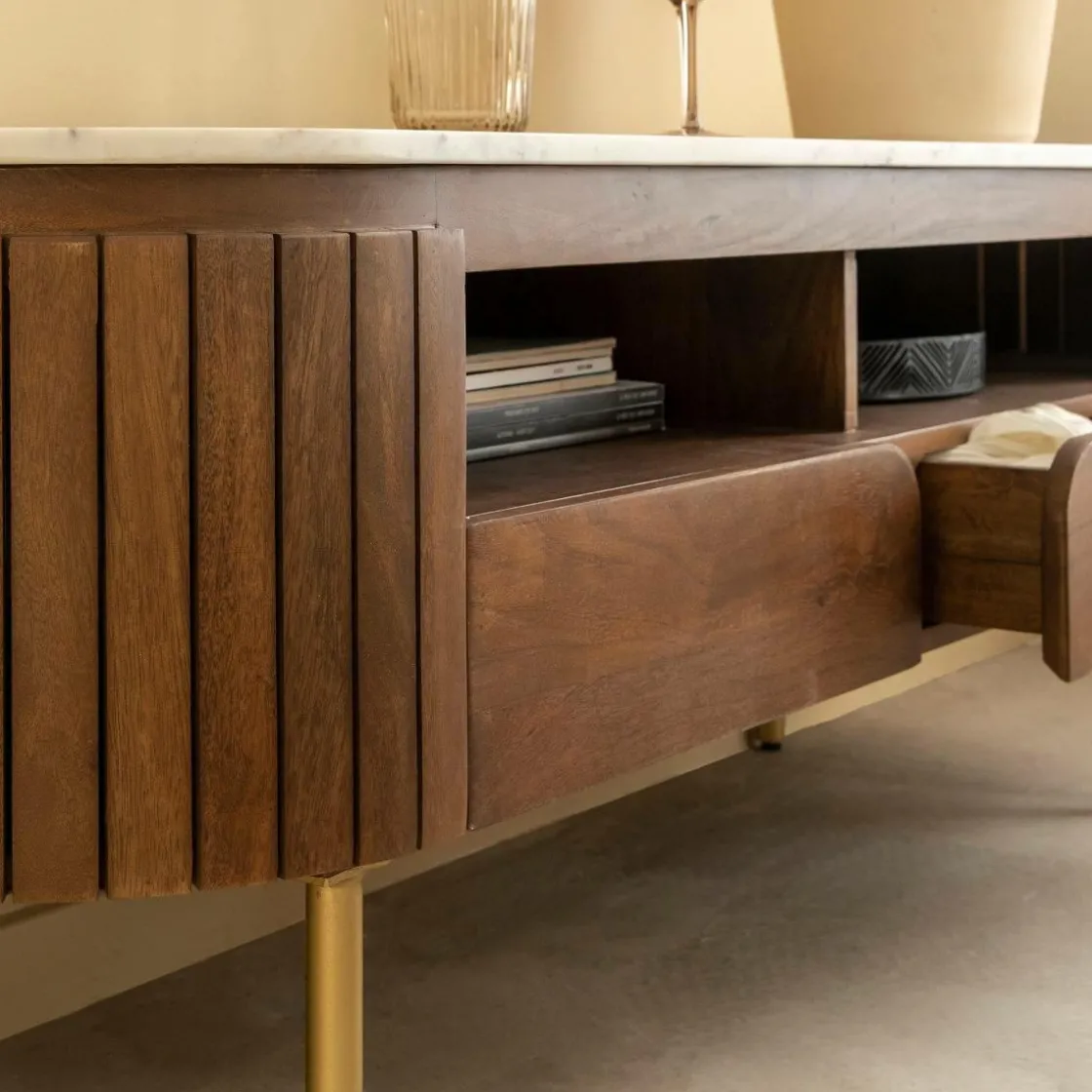 Made in Meubles Meuble Tv<Meuble TV en marbre et bois de manguier Sienne