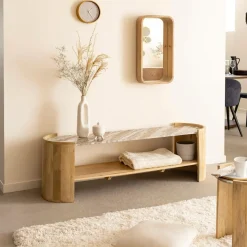 Made in Meubles Meuble Tv<Meuble TV ovale en bois de manguier et marbre Isabella