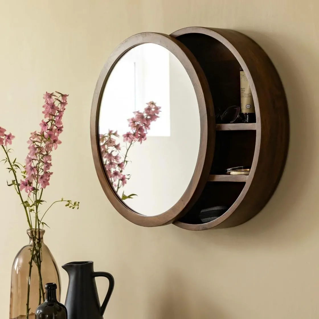 Made in Meubles Miroir|Décoration<Miroir avec étagères en bois de manguier foncé Remick
