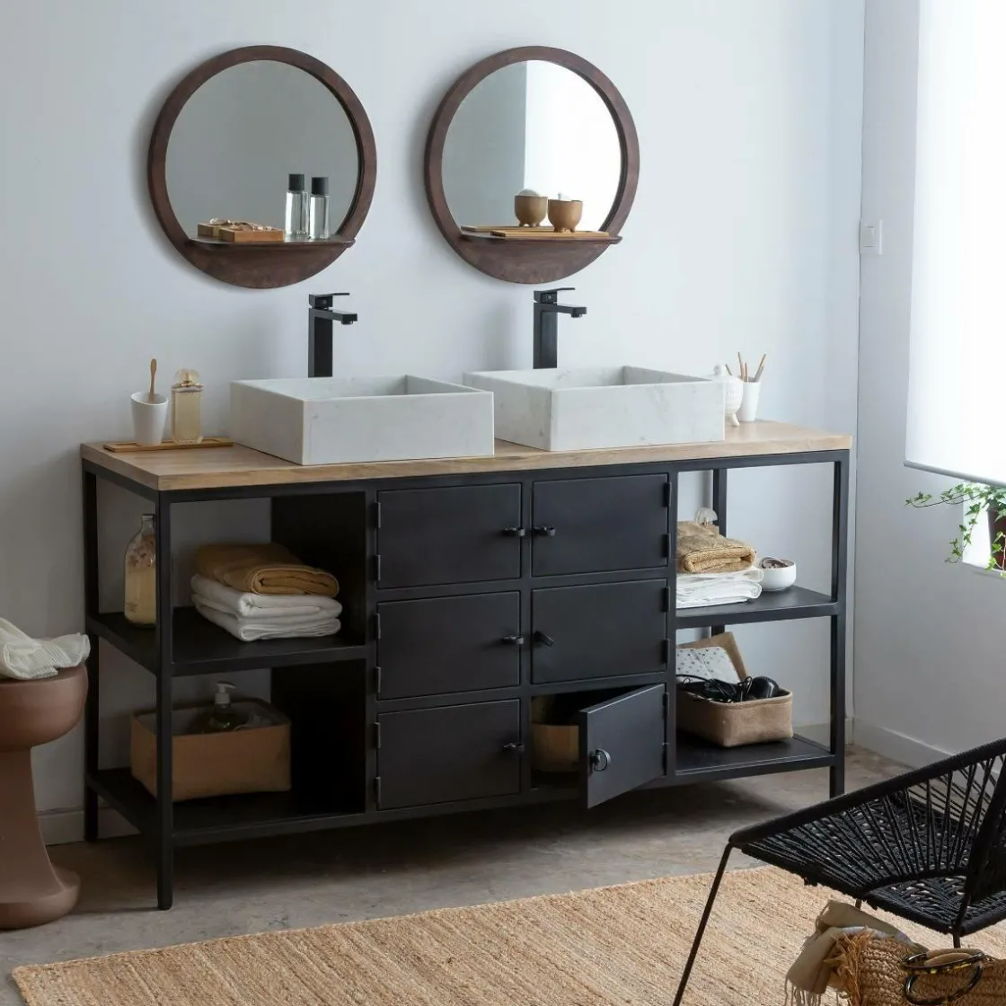 Made in Meubles Miroir|Décoration<Miroir rond avec étagère en bois de manguier Marley