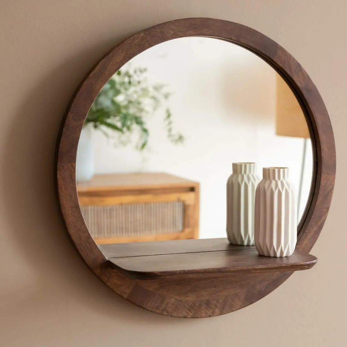 Made in Meubles Miroir|Décoration<Miroir rond avec étagère en bois de manguier Marley