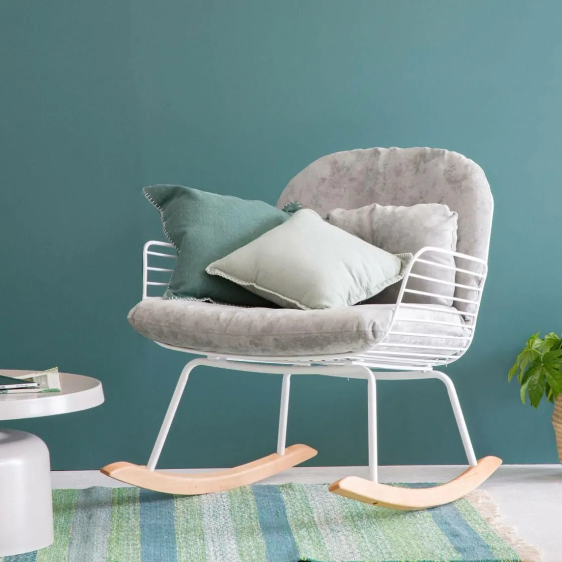 Made in Meubles Fauteuil<Rocking chair en métal blanc tissu gris Ethan