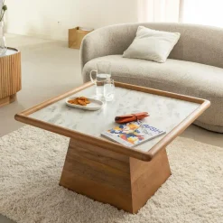 Made in Meubles Table Basse<Table basse carrée en bois de manguier et marbre Adler