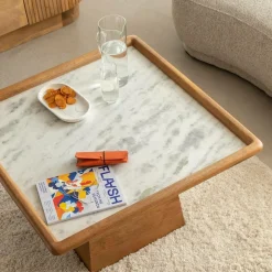 Made in Meubles Table Basse<Table basse carrée en bois de manguier et marbre Adler