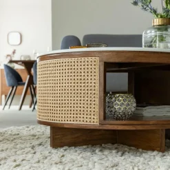 Made in Meubles Table Basse<Table basse en bois de manguier, cannage et marbre Brook