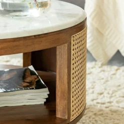 Made in Meubles Table Basse<Table basse en bois de manguier, cannage et marbre Brook