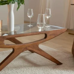 Made in Meubles Table Basse<Table basse en bois de manguier et verre Alina