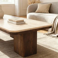 Made in Meubles Table Basse<Table basse en bois de manguier et travertin Carola