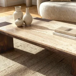 Made in Meubles Table Basse<Table basse en bois de manguier et travertin Carola