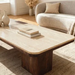 Made in Meubles Table Basse<Table basse en bois de manguier et travertin Carola