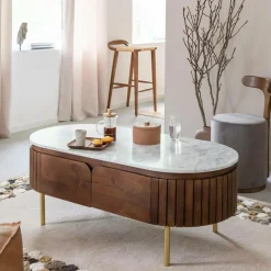 Made in Meubles Table Basse<Table basse en bois de manguier et marbre Sienne