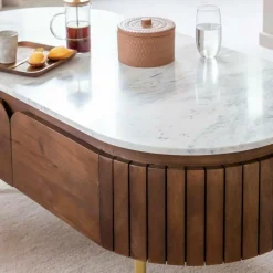 Made in Meubles Table Basse<Table basse en bois de manguier et marbre Sienne