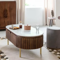 Made in Meubles Table Basse<Table basse en bois de manguier et marbre Sienne