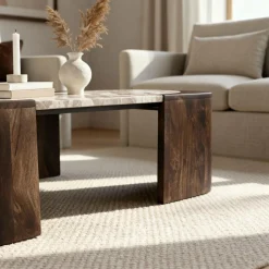 Made in Meubles Table Basse<Table basse ovale en bois de manguier et marbre Agnès