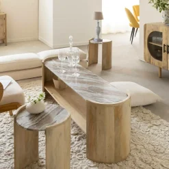 Made in Meubles Table Basse|Meuble Tv<Table basse ovale en bois de manguier et marbre Isabella