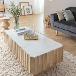 Made in Meubles Table Basse<Table basse rectangulaire en bois de manguier et marbre blanc Moana