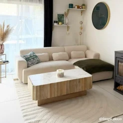 Made in Meubles Table Basse<Table basse rectangulaire en bois de manguier et marbre blanc Moana