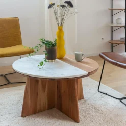 Made in Meubles Table Basse<Table basse ronde en bois d'acacia et marbre Homère